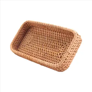 Hand-Woven Rattan Organiser Basket, Wicker Storage Tray for Bread Fruit Food Breakfast Display, Decorative Home Storage Box-C