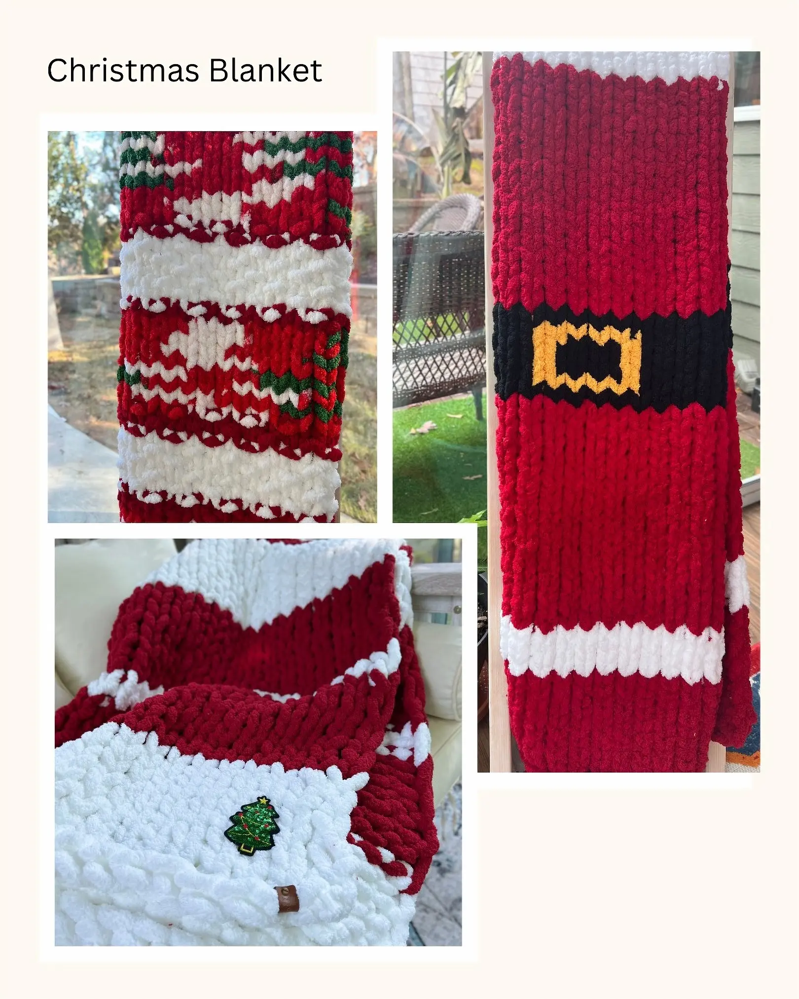 Christmas Theme Hand-Knit Chunky Blanket with Sequined Christmas Tree Applique - Red and White