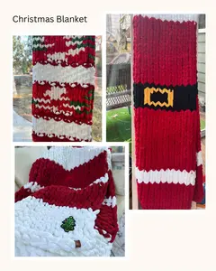 Christmas Theme Hand-Knit Chunky Blanket with Sequined Christmas Tree Applique - Red and White