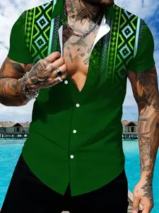 Men's Deep Maya Geometric Totem Print Short Sleeve Shirt, Casual Slim-Fitting Open Front Jacket, All-Season Fashion Top