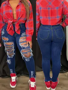 Women's Sexy Plus Size Trendy Fashion Tight Fit Ripped Jeans, Casual Plain Denim Jeans for All Seasons, Stylish Ladies' Clothing, Everyday Pants, Womenswear