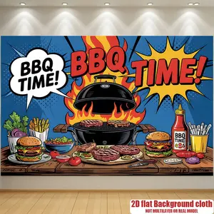 2D Flat Banner Polyester Photography Backdrop, HD Digitally Printed Soft Lightweight Foldable Background Cloth with BBQ Time Cartoon Theme for Party, Birthday, Festival, Product Photography, Video Studio, and Livestream Background