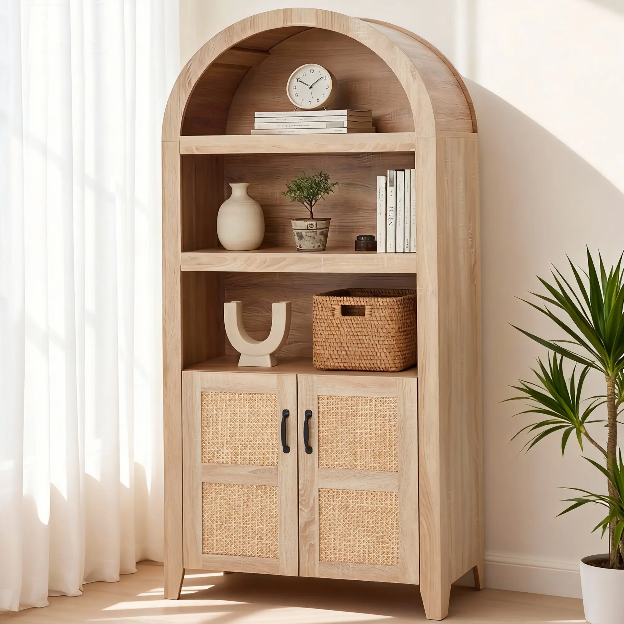 AHB 72-in Arched Beech Wall Cabinet - French Country Rattan-Door Tall Pantry with Adjustable Shelves, Modern Farmhouse Home Storage Furniture for Living Room Decor & Household Items