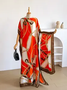 Elegant Silk Chain Design Printed Long Dress Robe Shawl Set + Long Scarf for Women, Beach Sun Protection Satin Scarf, Casual Fitted Style