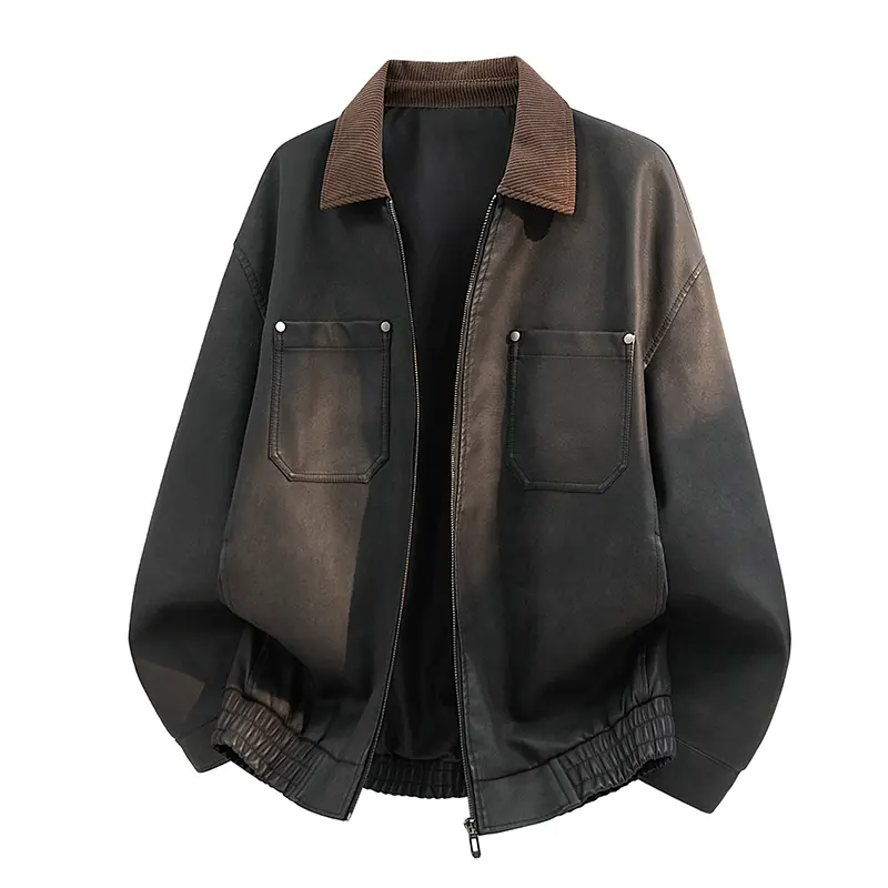Men Vintage Washed Gradient Faux Leather Bomber Jacket, Corduroy Lapel Collar Full Zip Double Rivet Pocket Elastic Hem Oversized Loose Y2K Workwear Grunge Streetwear Outer Coat