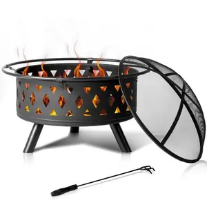 32 inch Outdoor Fire Pit with Grill & Mesh Cover, Wood Burning Steel Firepit with Poker & Star Spark Screen, Heavy Duty Patio Fire Bowl for Backyard, Camping & Garden