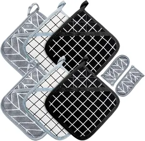 Heat Resistant Potholders Hot Pads-6 Kitchen Pot Holders Set with 2 Pan Hot Handle Holders Trivet for Cooking and Baking,With Recycled Cotton Infill Terrycloth Lining (Blackgreywhite, 6+2) Win Change