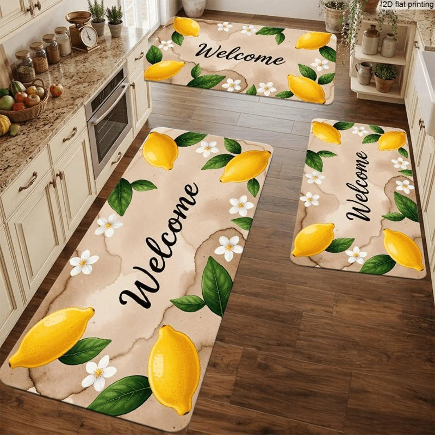 1pc Lemon Floral "Welcome" Pattern Flannel Floor Mat for Kitchen Bedroom Living Room Dining Room Entry Perfect Gift for Housewarming Festival Birthday Soft Cozy Decorative Rug