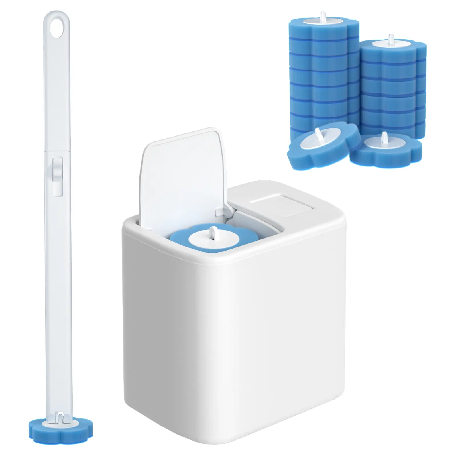 Upgrade Disposable Toilet Brush Set with long Holder, Disposable Toilet Cleaning Set with Holder & Refills, Extended Handle Bowl Brush for Hygienic Bathroom Maintenance, 36 Disinfecting Heads Included