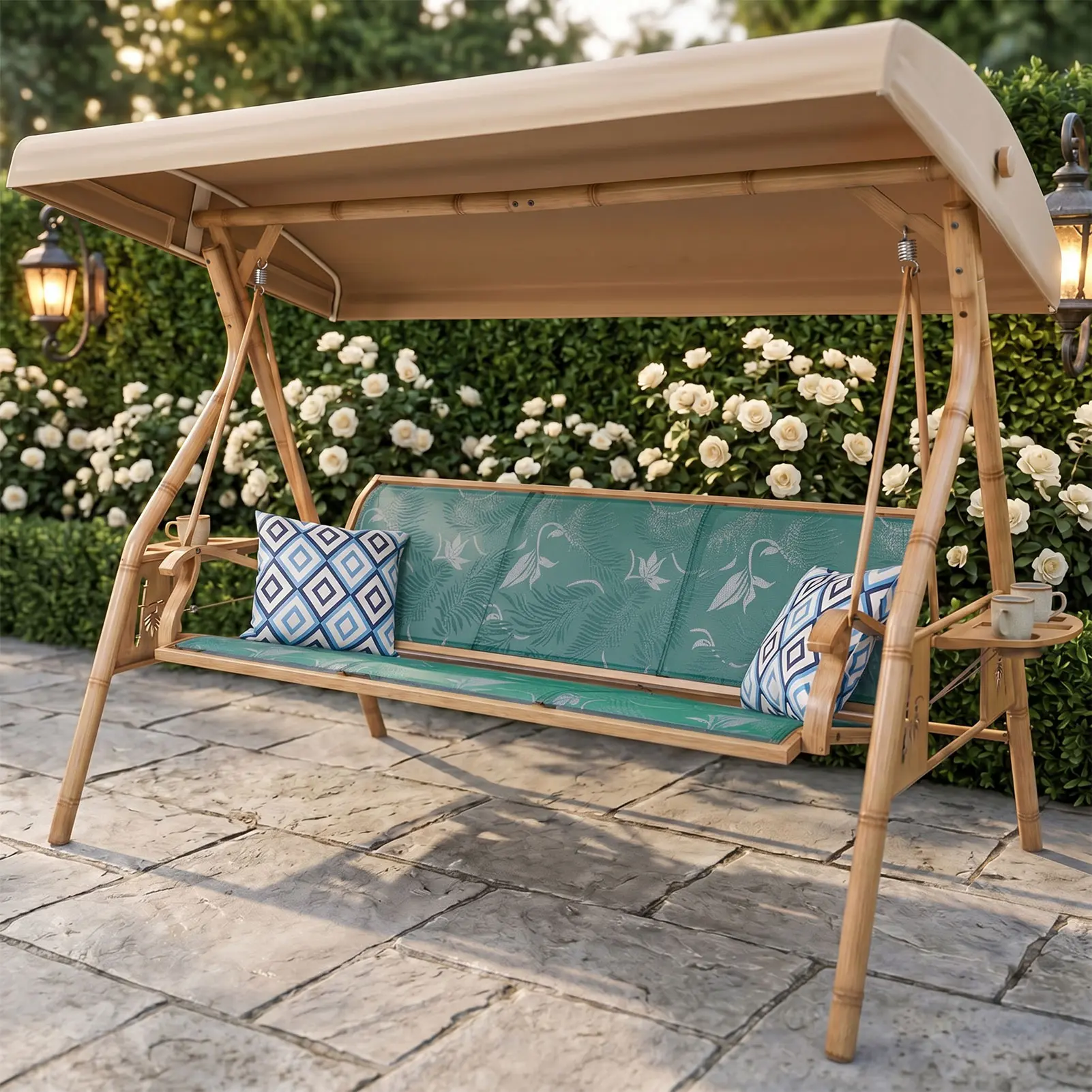 ZZW 3-Seat Porch Patio Swing with Stand and Adjustable All-Weather Canopy - Outdoor Wicker Modern, Durable, Heavy-Duty Garden Swing, Weather-Resistant Comfortable Seating for 3 People, All-Weather Canopy Swings