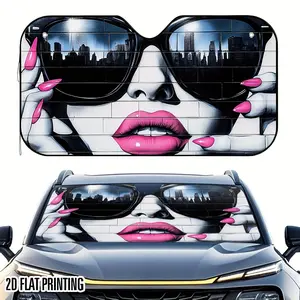 1pc Pink Nail Graffiti Print Car Windshield Sunshade - Stylish Fashion Glasses & Cityscape Design, Fit Sun Visor with 4 Suction Cups, Heat & Glare Reduction for Summer Car Interior Protection, Car Window Sun Shade, 2D Flat
