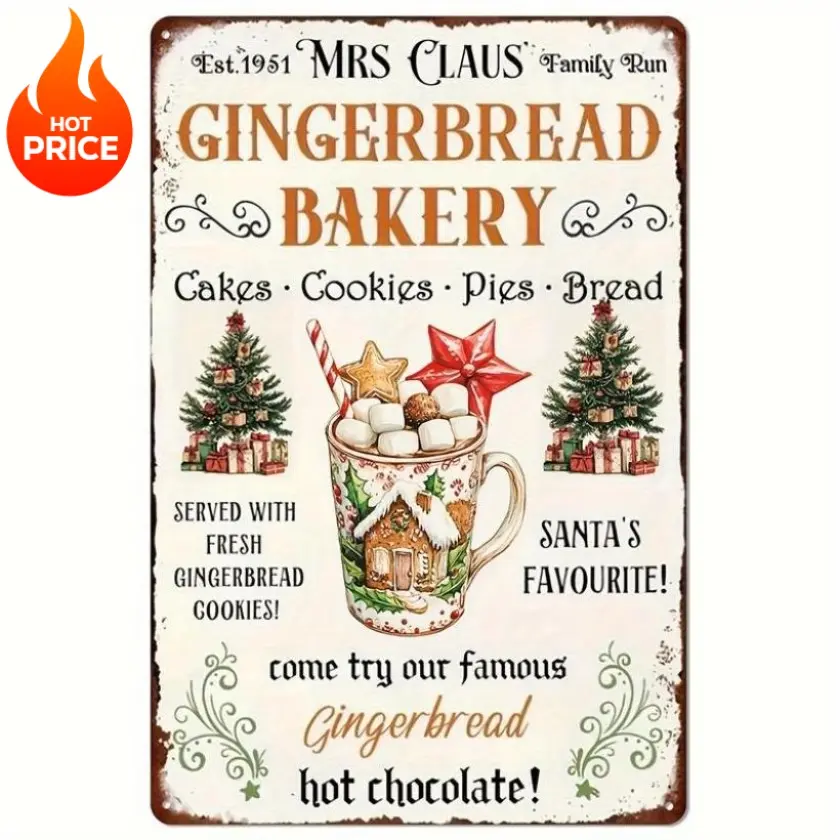 Vintage Mrs. Claus' Gingerbread Bakery Metal Christmas Sign Weather-Resistant Indoor Outdoor Yard Home Decor Christmas Gift