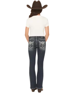 Grace in LA Girls' Dark Wash Floral Pocket Bootcut Jeans