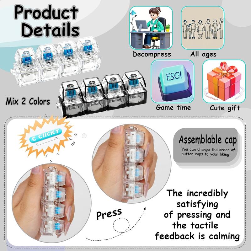 Fidget Keyboard Clicker Toys with LED Lights Keychain Stress Relief for Anxiety Decompression Neon Durable Smooth Spinner 4-in-1 Design