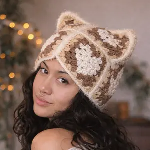 KnottieHeart Beanies - Crochet Knit Handmade Granny Heart Cat Ear Beanie Soft Cozy Y2k Aesthetic One Size Fits Most Women's Unique Accessory