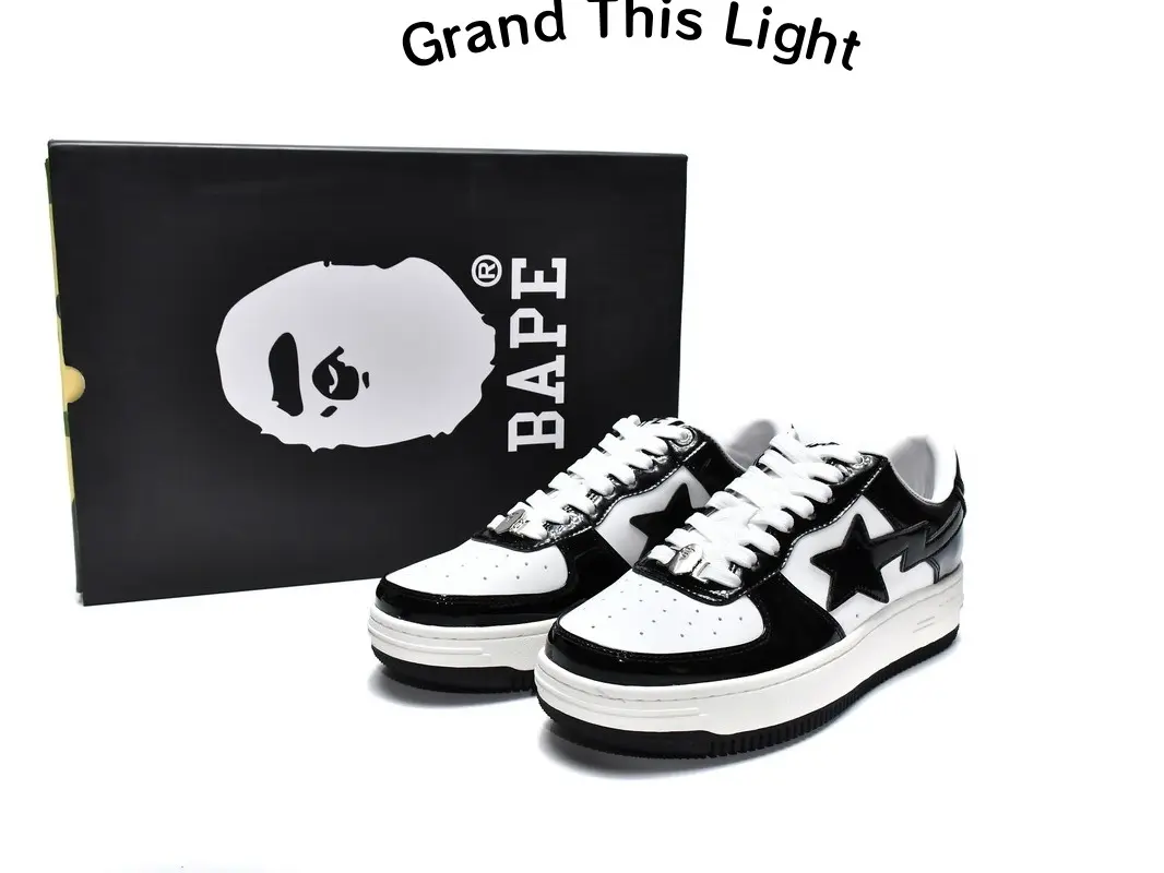 Lightweight vintage trainer sneakers use breathable perforated smooth leather, clean white leather toe box with glossy black patent side panels, flexible thick gum rubber outsole, ideal for campus strolls, city skating and weekend hangouts