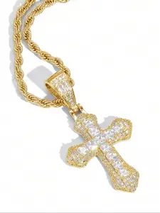 Rhinestone Decorated Cross Pendant Necklace, Fashionable Rhinestone Decorated, Iced Out Cross, Elegant Necklace, Fashion Jewelry for Party, Daily Clothing Decor, Trendy All-match & Exquisite Jewelry for Birthday Gift