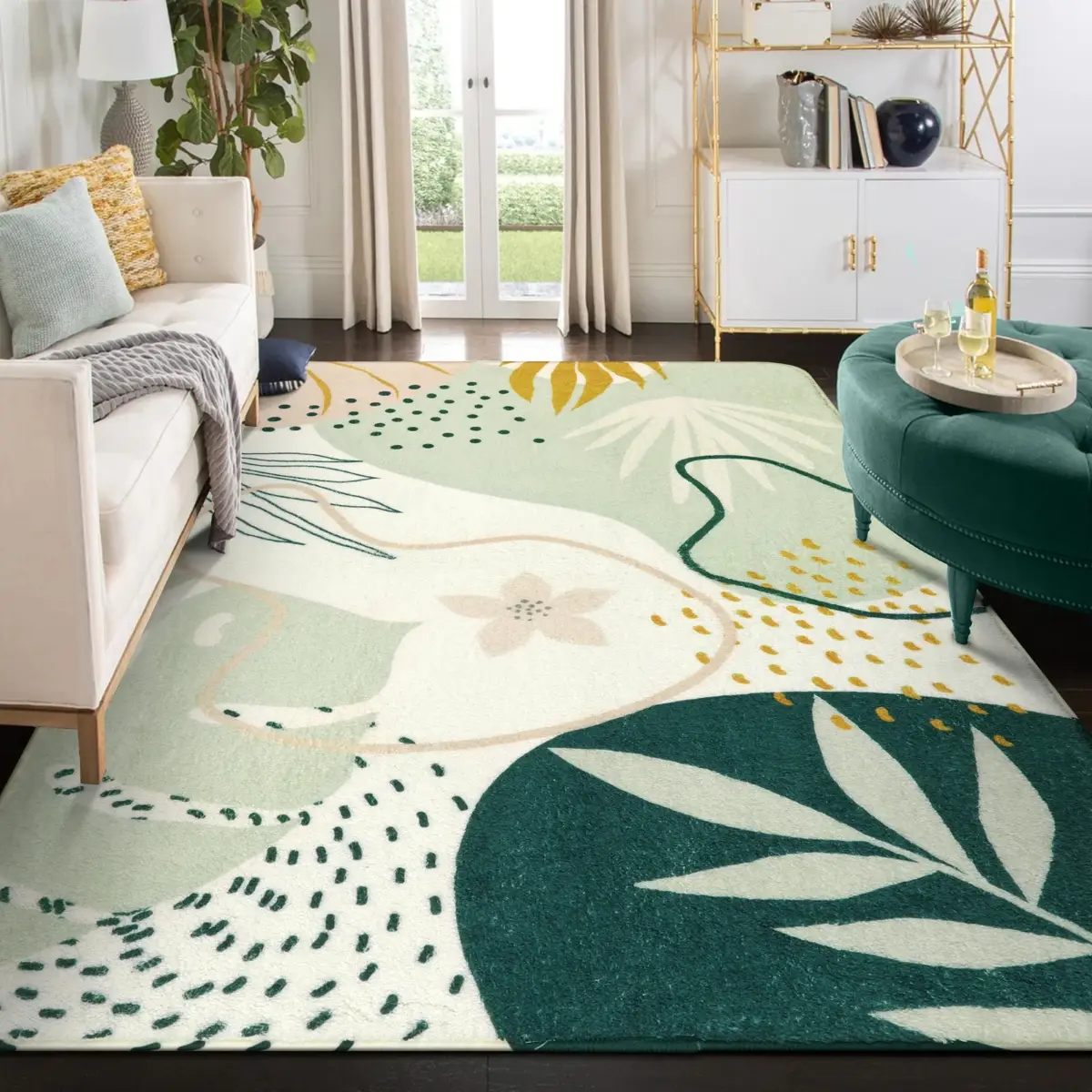 【FallFreshness】Lahome Washable Non-Slip Backing Large Living Room Carpet Low Pile Throw Boho Area Rugs for Bedroom, Botanical Print Ultra-Thin Indoor