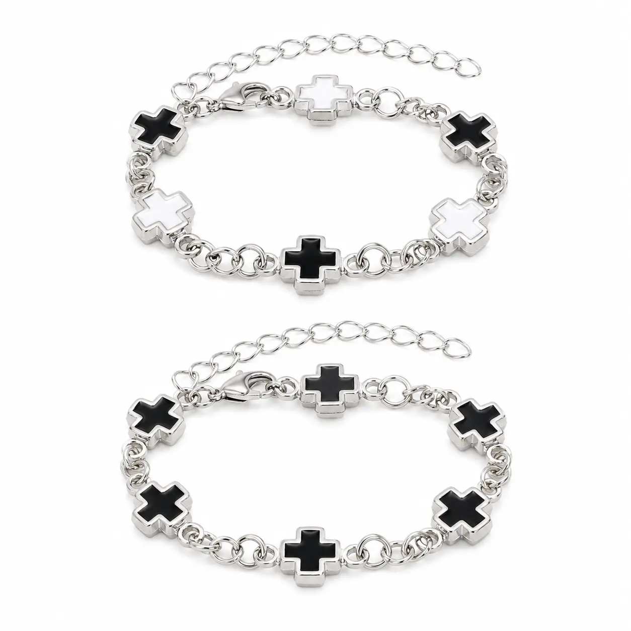 Cross Charm Bracelet for Women, Silver-Tone Enamel Link Bracelet with Adjustable Extender Chain, Minimalist Black and White Jewelry for Everyday Wear, Birthday, Holiday, Friendship and Gift