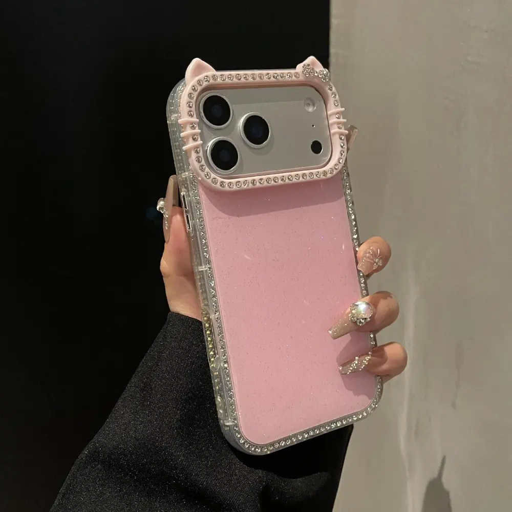 Plain Glitter Cover Cat Ear Glitter Rhinestone TPU Phone Cover - Protective Cellphone Casing with Protection for iPhone 17 Air, 16, 15, 14, 13, 12 Pro Max Plus Mobile Accessory