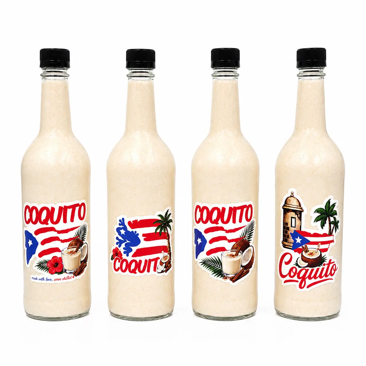 Puerto Rican Coquito Bottle Stickers | 750ml Bottle Decals | 4 Designs | 6 or 12 Pack | Christmas Bottle Decor