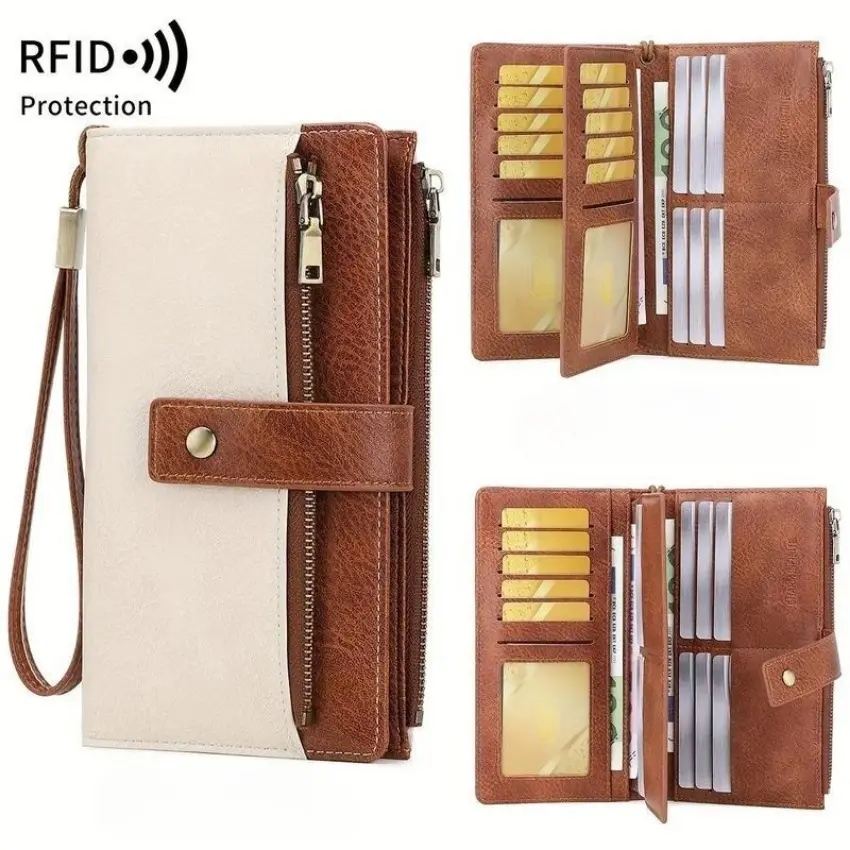 Women’s Durable RFID Blocking Long Leather Trifold Card Holder Wallet - Clutch with Wristlet, Zipper Pocket, Card Slots, Slim Large-Capacity Organizer for Everyday Use, Durable Wallet, Rfid Blocking Wallets