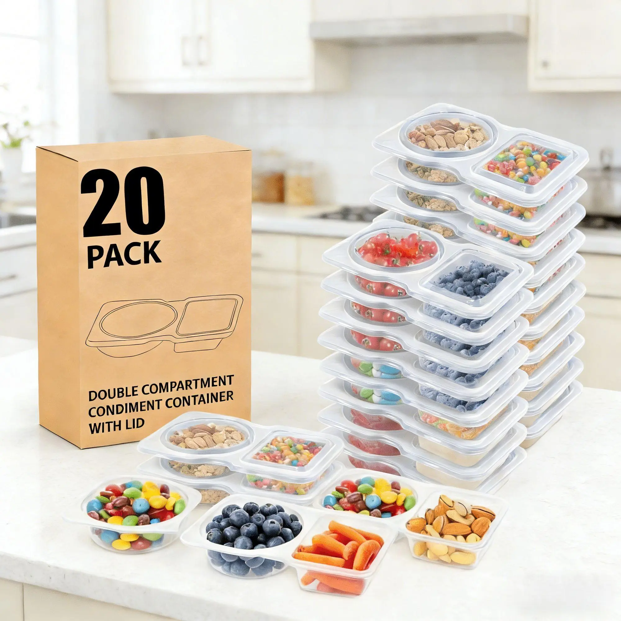 20/10Pcs 5oz Double Layer Design PVC Condiment Containers with Lids, Reusable Leak-Proof BPA-Free Dustproof Dipping Sauce Cups, Hard Resealable for Healthy Meal Prep, School Lunch & Kitchen Use