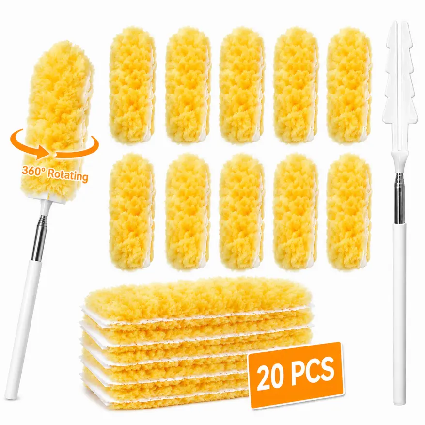 Extendable Duster Kit with 20 Disposable Refills, 360° Rotating Dusting Head with Adjustable Handle, Cleaning Duster for Furniture, Shelves, Blinds, Ceiling Fans, Appliances and Home, Yellow