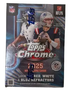 2025 Topps chrome NFL blaster box - 28 cards total - look for red white and blue refractors & rare inserts