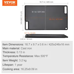 VEVOR Reversible Grill/Griddle, 9.7x16.7 Pre-Seasoned Cast Iron Griddle, Rectangular Double Burner Griddle Pan, Non-Stick Family Pan Cookware with Handles, Flat Top Plate for BBQ, Gas Grill, Black