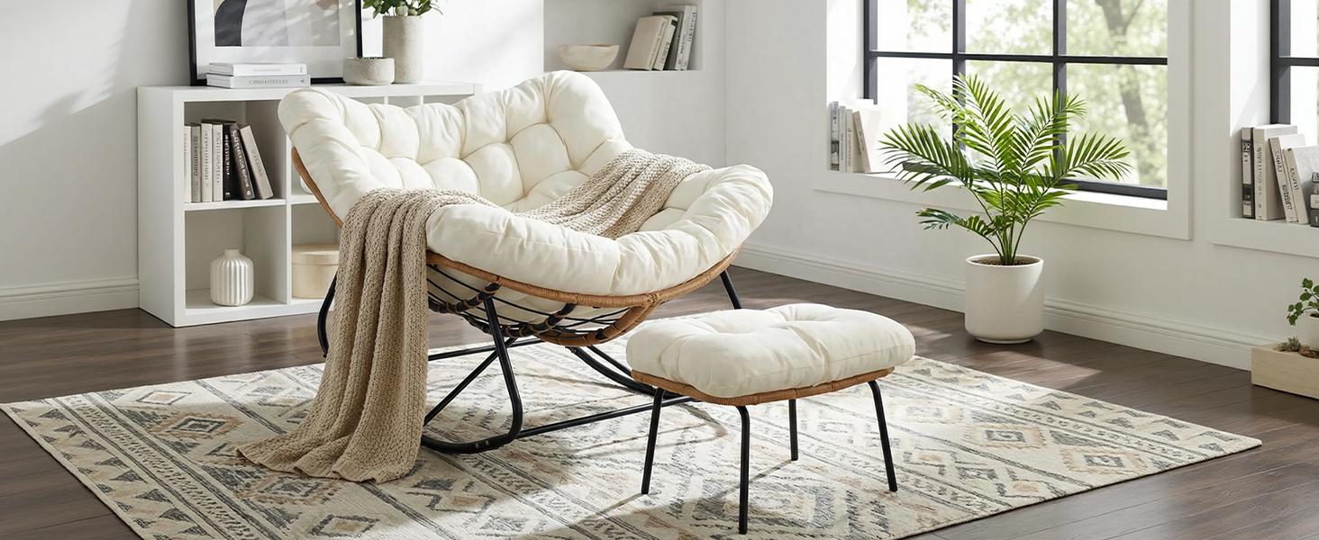 Arlopu Outdoor Papasan Rocking Chair with Ottoman, Oversized Padded Lounge Rocker with Cushion, Comfy Wicker Egg Lounge Chair, Large Indoor Rocking Recliner for Living Room/Porch/Garden