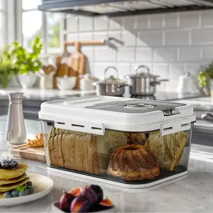 Bread Storage Container, Durable Plastic, Moisture and Insect Proof, with Measuring Cup, Transparent with Observation Lid, Bread Storage Box with Time Recording, Suitable for Storing Homemade Bread, Toast and Cookies, Grains, Fruits