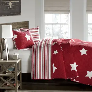 Lush Decor Star 2 Piece Twin Size with Red/Gray Striped Quilt Set