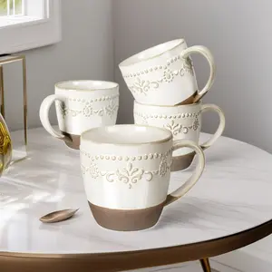 Set of 4 16oz White Damask Floral Embossed Large Latte Ceramic Coffee Mugs with Handle for Tea Latte Cappuccino Cocoa Milk Dishwasher and Microwave Safe