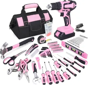 232-Piece 20V Pink Cordless Lithium-ion Drill Driver and Home Tool Set, Lady's Repairing Kit with 12-Inch Wide Mouth Open Storage Bag