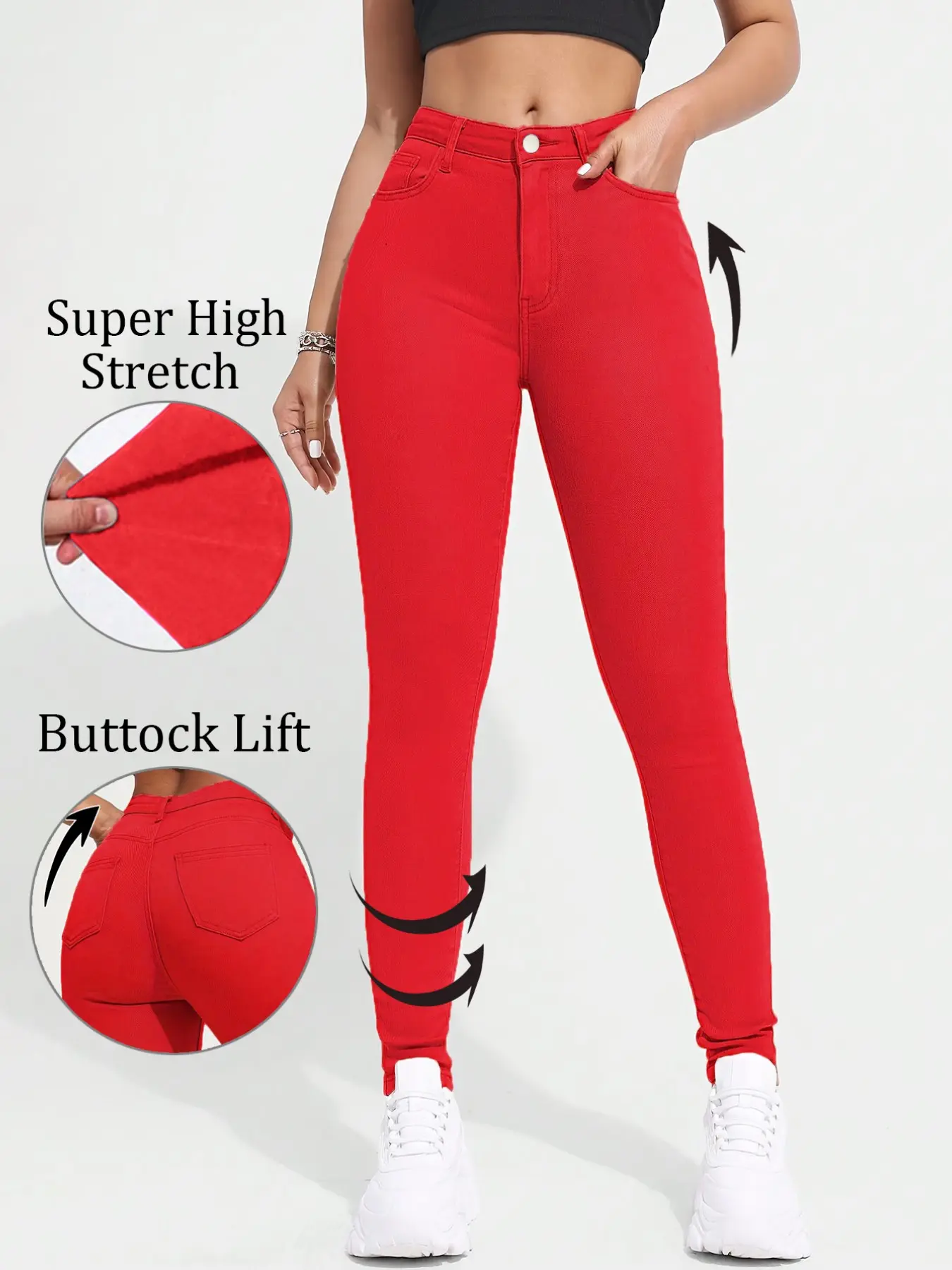 Women's High-Waisted Red Skinny Stretch Denim Jeans, Ultra-Stretch Slimming Fit Design, Super High Waisted Versatile Casual Pants for Daily Wear, Elegant Ladies' Clothing