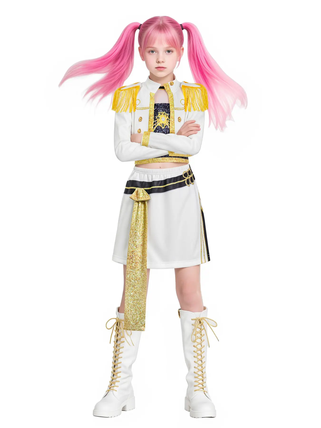 Teen Girls' K-Pop Crop Top & Skirt Set, Halloween Costume, Trendy Fitted Long Sleeve Top, All-Season Character-Inspired Clothing