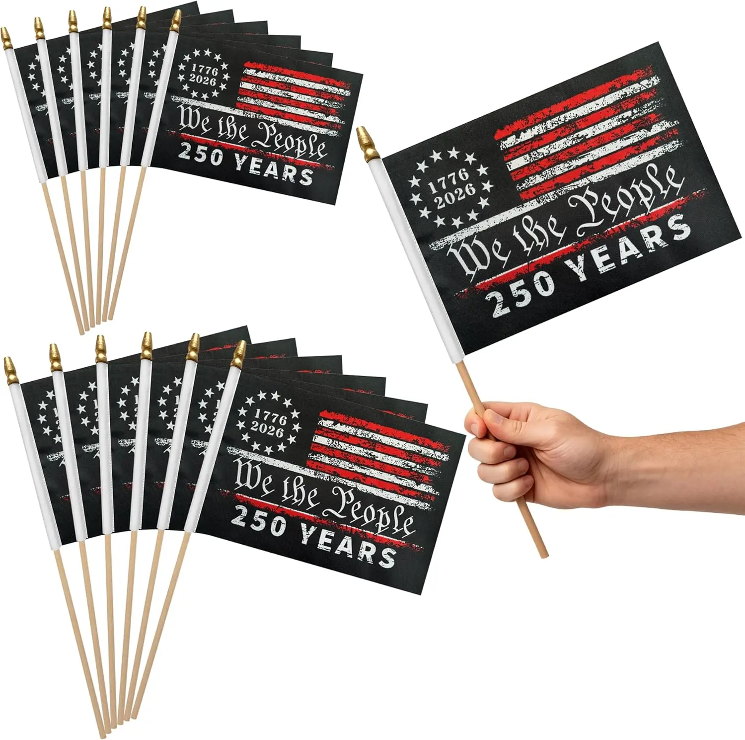 We The People 250 Years Handheld Flags Patriotic Mini Stick Flags 1776 2026 Distressed American Flag Small Party Parade Flags for July 4 Independence Day Outdoor Decor