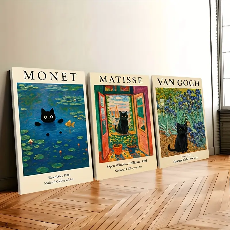 3-Piece Framed Canvas Graphic Art Set - Van Gogh, Matisse, Monet Classic Black Cat Prints, Geometric Printing, Waterproof Glossy Photo Art, Ramadan Home Decor, Back to School, Father's Day, Military, Carnival, Plaid Wall Gift for Home Supplies Enthusiasts