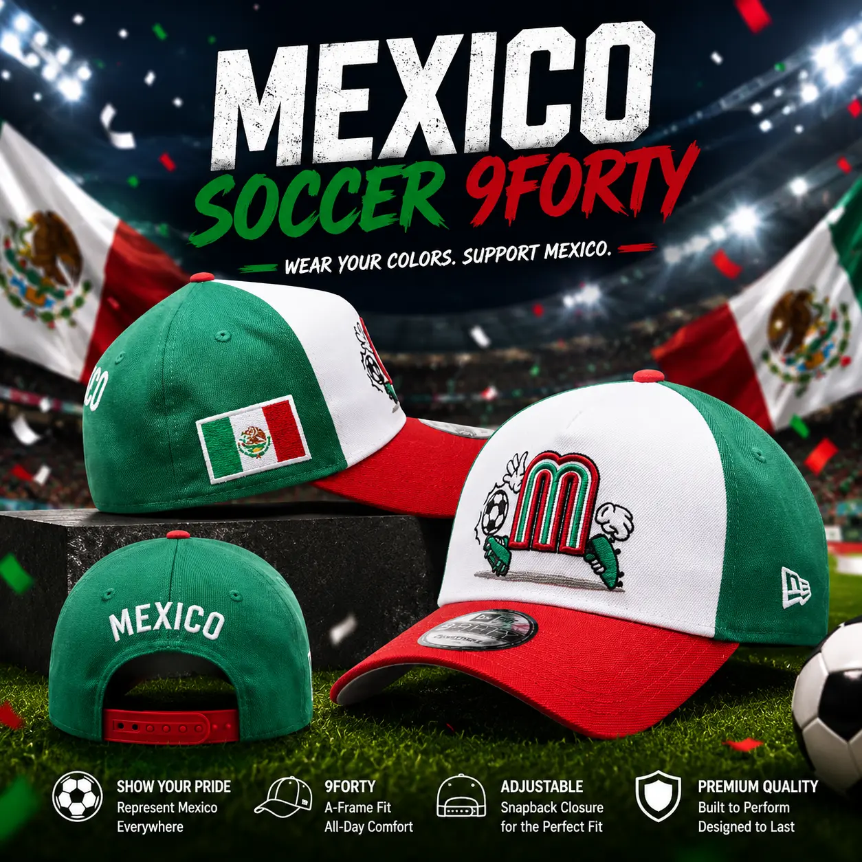 Mexico National Team 9FORTY A-Frame Snapback Cap Green White Red Curved Brim Soccer Fan Hat