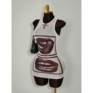 Style Carnival Costume Festival Carnival Costume Festival Lip Print Transparent Tight Mini Dress