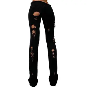 ZQ-Women's Plain Slim-Fitting Ripped Knit Long Pants, Sexy Street Style Drop Waist Elastic Waist, Fashion Creative Hollow Out Design