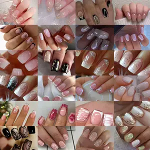 576pcs Short Square Glossy French Nail Art Stickers, Sparkle Gold Silver Dots Flowers Leopard Stars Hearts Gradient Designs, Acrylic False Nails Set, Nail Art Decoration, Glitter Nails