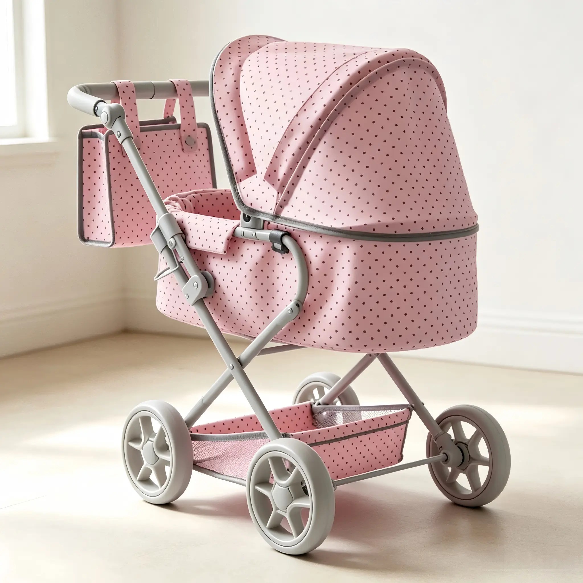 2 in 1 Reborn  Stroller Foldable Doll Pram with Detachable Basket,Handbag,Pink Polka Dots,Dolls Up to 22" Doll, Dolls to Play  Convertible Lightweight Pram Stroller for Kids 17-22 inch baby doll