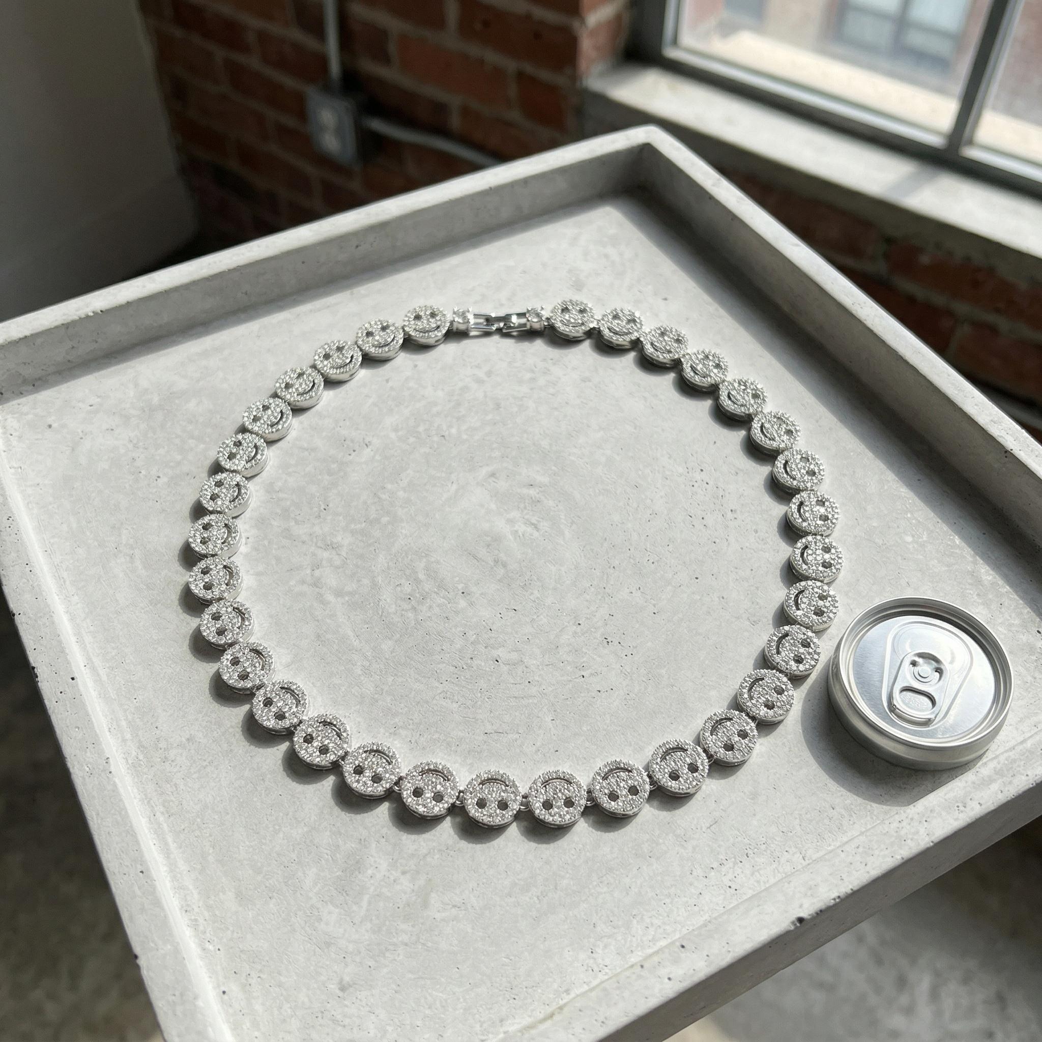 Hip-Hop Alloy Smiley Face Necklace & Full-Rhinestone Cuban Link Bracelet — Interlocking Ring Design, Edgy Punk Style (Unisex)