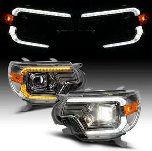 AmeriLite for 2012-2015 Toyota Tacoma Truck C-Type LED Tube Switchback Turn Signal Gun-Metal Headlights Assembly Pair - Passenger and Driver Side
