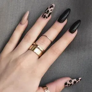 Black Leopard Stiletto Press On Nails, Nude Leopard Print Acrylic Nails, Long Sharp Nail Design, Party Night Out Nails