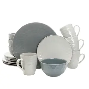 212 MAIN 16-Piece Tahitian Stoneware Dinnerware Set - Slate & Tahitian Pearl Design, 12oz Cups, Mugs & Bowls for Coffee, Tea