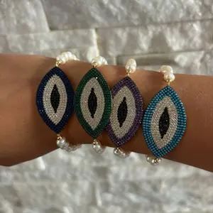PEARL VERSION Protect Your Pulse Beaded Bracelet with CZ Evil Eye Pendant Genuine Pearls Hand-Strung 3 Sizes 6.5" 7" 7.5" for Layering