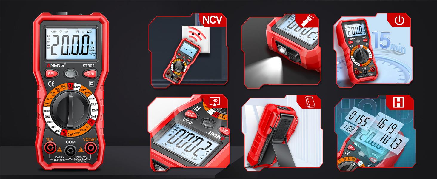 Multimeter with Backlit LCD,Ohm Volt Amp Meter,Non Contact Voltage Tester Measures DC AC Voltage,Current,NCV,Resistance,Continuity,Diodes,Electric Tools for Automotive Battery Test（Red）